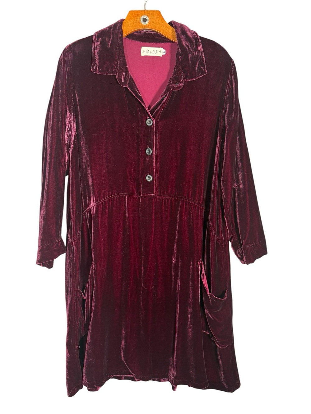 Burgundy Velvet Dress Long Sleeve Collared Body Fit Whimsical Modest Lagenlook L